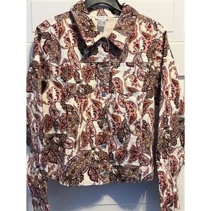 Venus Paisley Denim Jacket Womens Colorful Boho Y2K Button Front Cotton Blend L